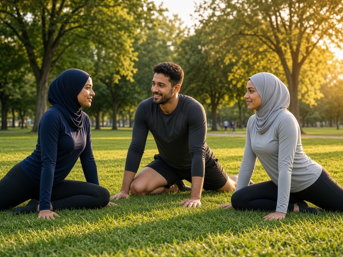 تمرین گروهی زنان و مردان در فضای باز